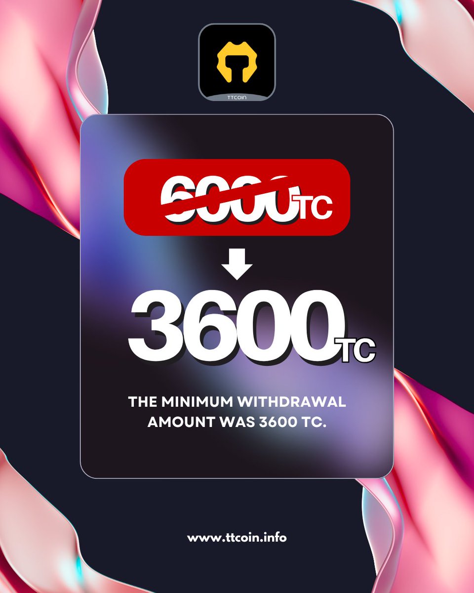ttcoinofficial's tweet photo. 🎉 Great News! TTcoin Withdrawal Limit Reduced! 🎉

As of the July 1st update, the minimum withdrawal amount has been set to 3600 TC. 🔄

Thanks to your valuable feedback, we’ve lowered the minimum withdrawal limit on the TTcoin Network app from 6000 TC to 3600 TC! 🔻

🟢 https://t.co/RggxAgOlFZ 

Now you can withdraw your earnings faster and take advantage of benefits even sooner. 💸
We grow stronger with your support — thank you for being with us! 💪

ℹ️It will be listed on a Tier 1 exchange once it reaches 20 million user registrations.  
#TTcoin #Blockchain #Crypto #Announcement #TTcoinNetwork