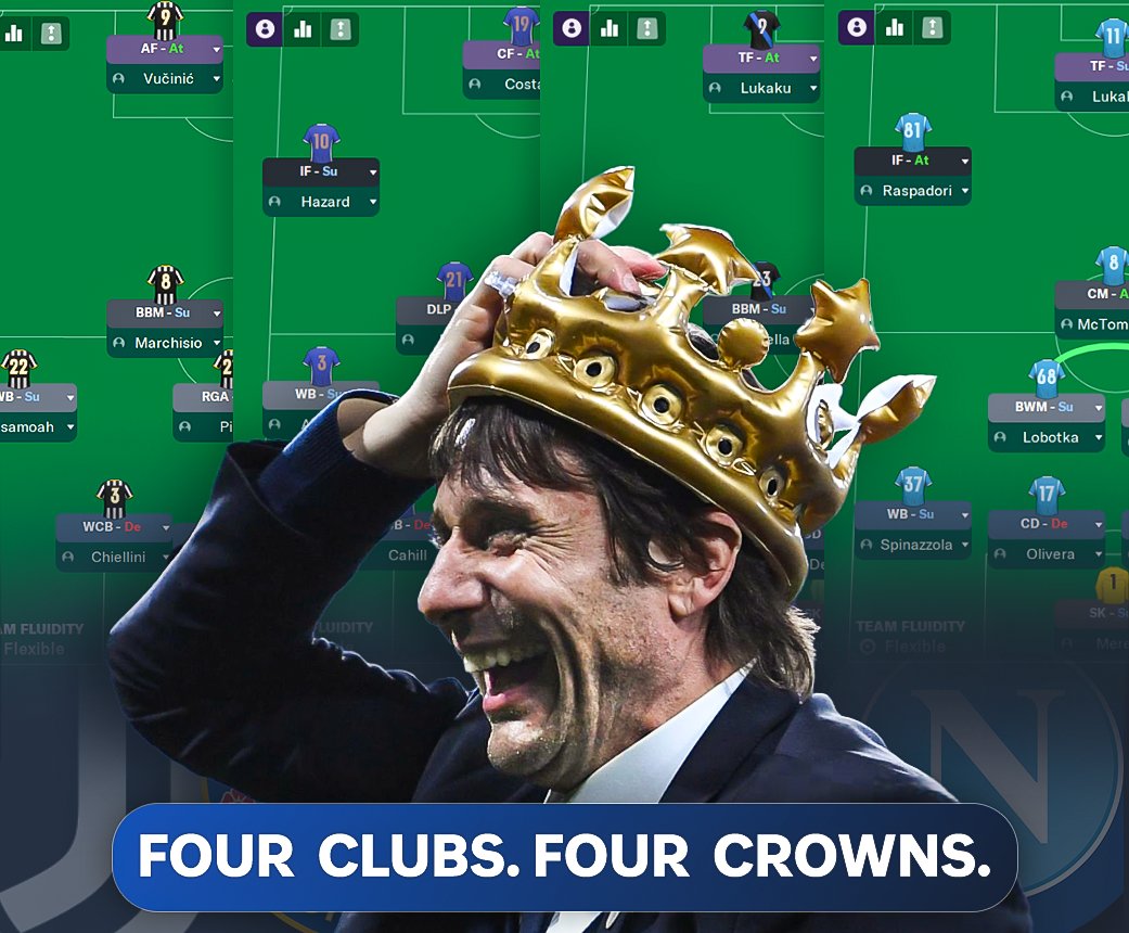 Wherever Conte goes, the system follows and wins.

From Juventus to Inter, Chelsea to Napoli, it’s not just a formation.
It’s a trophy machine.

Let’s break down the setups that defined an era 🧵
#Tactics #FM24