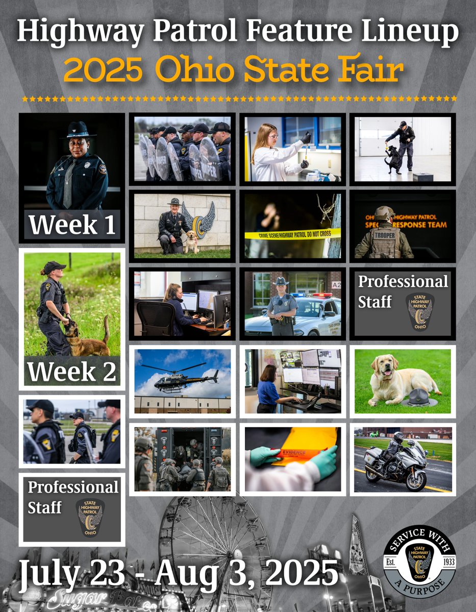 OSHP's tweet image. 🎡 The Ohio State Fair isn’t the only one with a line up for this year! 🎡
At the Patrol’s area of the 2025 State Fair, we will be featuring different specialty sections of our Division each day. Each morning we will post on our social media platforms who you will see that day.