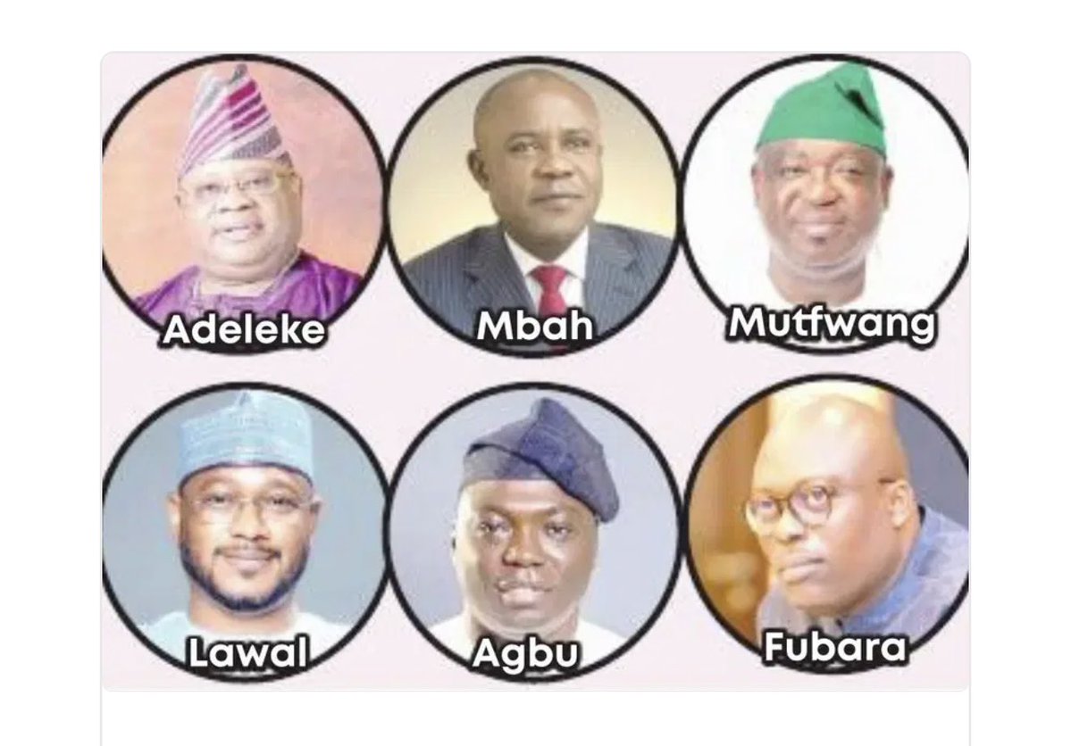Tutsy22's tweet image. Adeleke (Osun),
Peter Mbah (Enugu), Mutfwang (Plateau),
Dauda Lawal (Zamfara), Fubara (Rivers), and Kefas Agbu (Taraba)
3 in talks with APC… one in BOLD. Who are the other two?