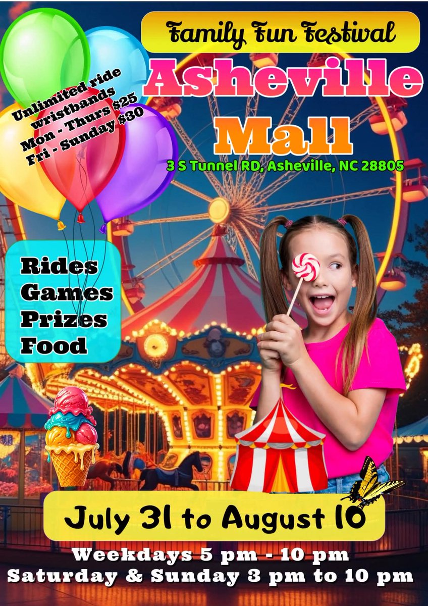 A Family Fun Festival is set to happen at the Asheville Mall. Come on over for Rides, Games, Prizes and FOOD. July 31 to August 10. Nothing like the bright lights, fair food in the air and laughter to make us all feel like a kid again. #asheville