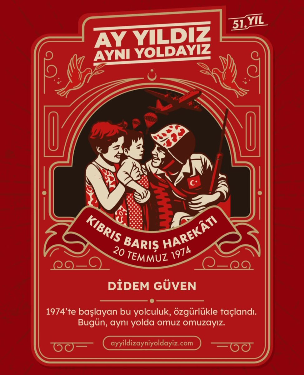 51 yıl önce tarihi yeniden yazdık. 

O gün olduğu gibi bugün de Kıbrıs Türk halkının yanındayız,
#AyYıldızAynıYoldayız 🇹🇷

20 Temmuz Barış ve Özgürlük Bayramı kutlu olsun.