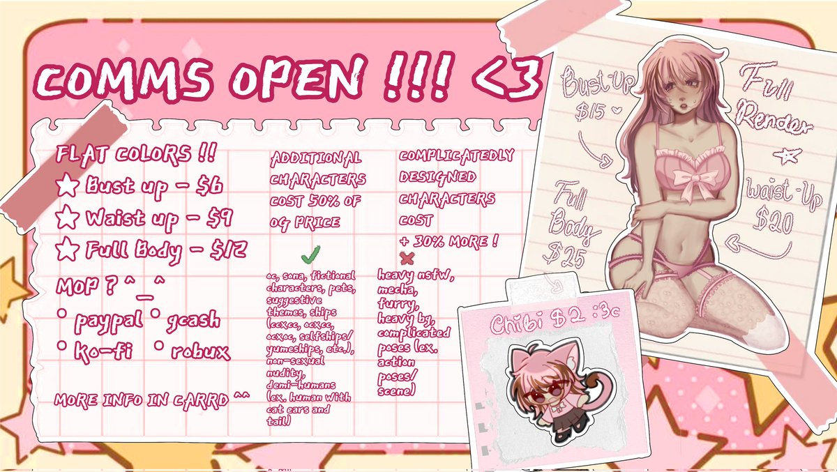 isaacbrainrot's tweet image. finally reopening my c★mms &amp;gt;&amp;lt; 
taking 5 dm slots &amp;amp; 6 slots available on my ko-fi !!

those on my waiting list before these new prices pls refer to the old ones ^^

more info &amp;gt; kiirascomms.carrd.co
ko-fi &amp;gt; ko-fi.com/kiirastars
portfolio &amp;gt; kiiraportfolio.straw.page