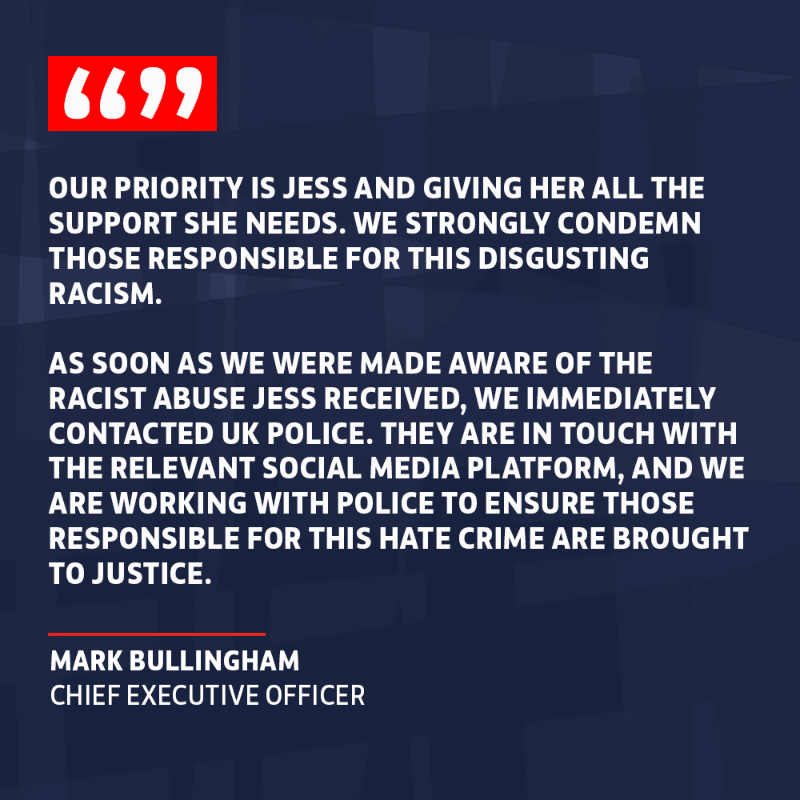 FA's tweet photo. FA CEO Mark Bullingham has condemned the abhorrent racist abuse @Lionesses defender Jess Carter has suffered.