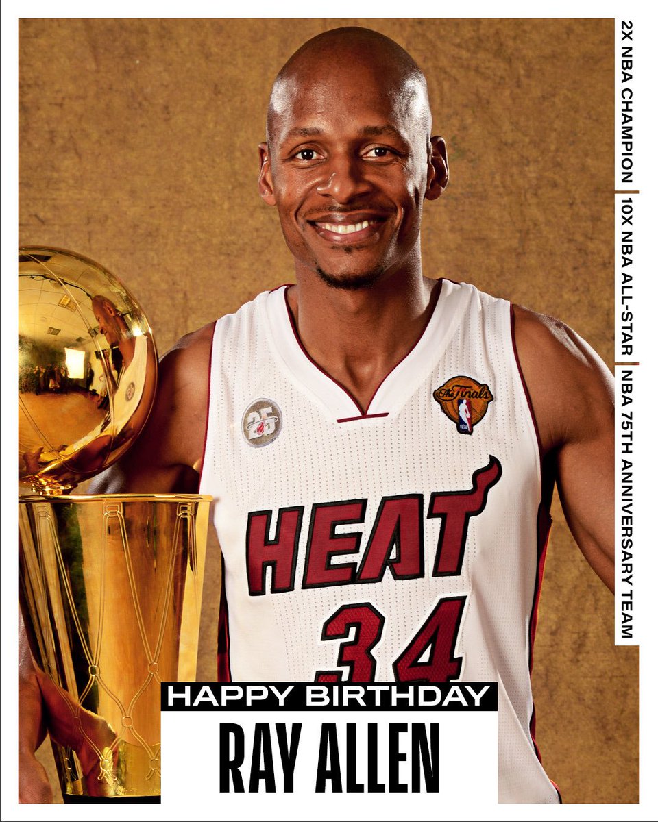 NBAHistory's tweet image. Join us in wishing a Happy 50th Birthday to 10x #NBAAllStar, 2x NBA Champion and 75th Anniversary Team member, Ray Allen! #NBABDAY