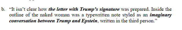RoScarborough's tweet image. Here are some excerpts from @realDonaldTrump lawsuit against Wall Street Journal, which attributed a naked woman sketch to Trump as Epstein birthday tribute. Fake, says Trump. Who asks why didn't WSJ release "letter."