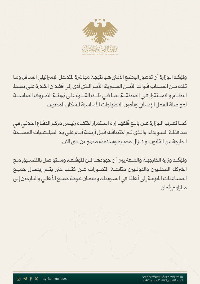 Rahmon83's tweet image. الخارجية تُصدر بياناً في قضية داخلية؟!
ما علاقة وزارة الخارجية بمنع قافلة مساعدات إلى #السويداء؟
هذه ليست معركة حدود، ولا انتهاكاً من دولة جارة، ولا حادثاً دولياً يستدعي تدخل الدبلوماسية.
ما جرى شأن داخلي، وكان أولى أن يترك لوزارة الشؤون الاجتماعية، أو الطوارئ، أو حتى الصحة… لا…