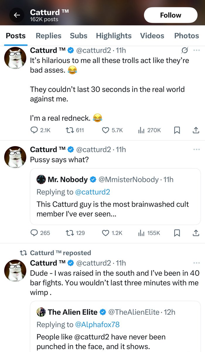 Tops_opinion's tweet image. LMFAO! I doubt anyone is scared of a dude that calls himself catturd. This is probably the golden standard for a keyboard warrior.