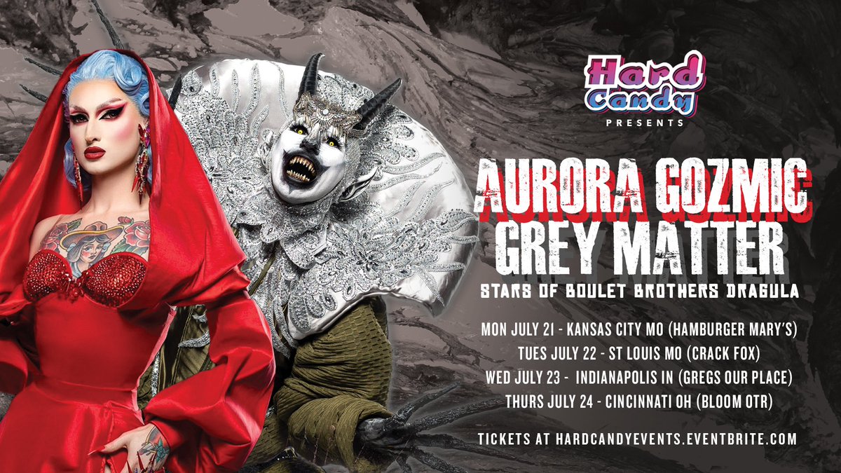 HardCandyKY's tweet image. Four more shows with Boulet Brothers Dragula S6’s Aurora Gozmic & @GreymatterFx! 7/21 - Kansas City MO @ Hamburger Mary’s, 7/22 - St Louis MO @Crack_Fox_Bar, 7/23 - Indianapolis IN @GregsOurPlace, 7/24 - Cincinnati OH @bloomotr513 Tix: hardcandyevents.eventbrite.com