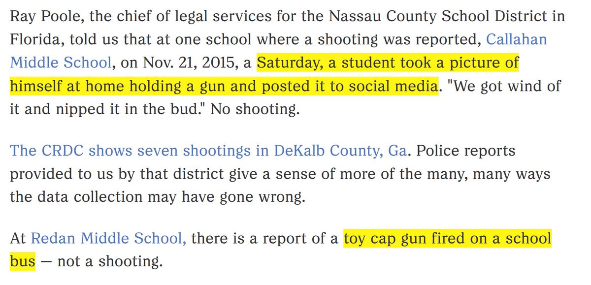 bmitori's tweet image. The Department Of Education reported 235 school shootings for the 2015-2016 school year.
But NPR spent 3 months investigating, and could only confirm 11.
My favorite part of the article; what passes as a school shooting.
npr.org/sections/ed/20…