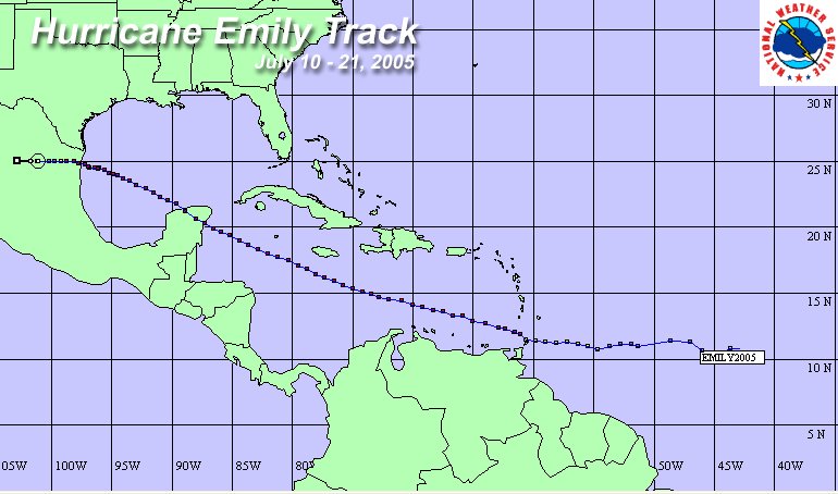 weather_history's tweet image. July 20, 2005:
Hurricane Emily made a final landfall in northern Mexico as a Category 3. Storm surge destroyed most of Laguna Madre (a coastal fishing community), while heavy wind damage and inland flooding was reported around several other towns. No lives were lost.
#wxhistory