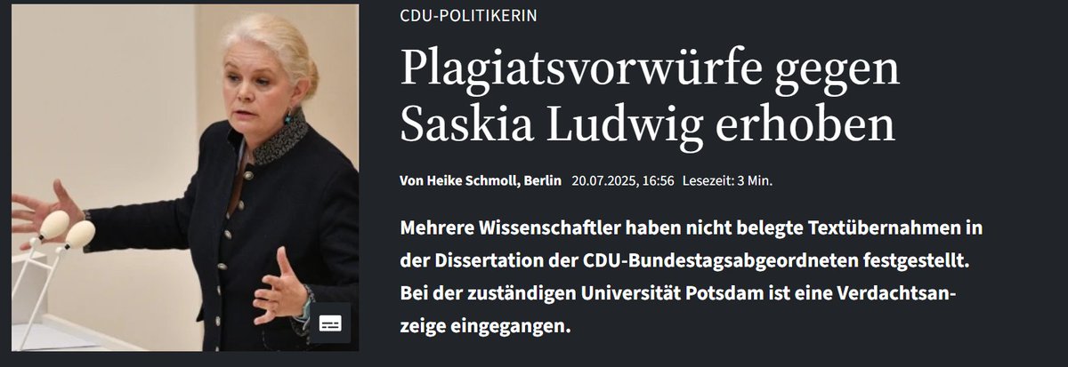 DraconTV's tweet image. Hallo @SaskiaLudwigCDU -
Nach Ihrer eigenen Logik müssen Sie ja jetzt ihr Amt ruhen lassen wegen dieser Plagiatsvorwürfe.
Also.
Worauf warten Sie?