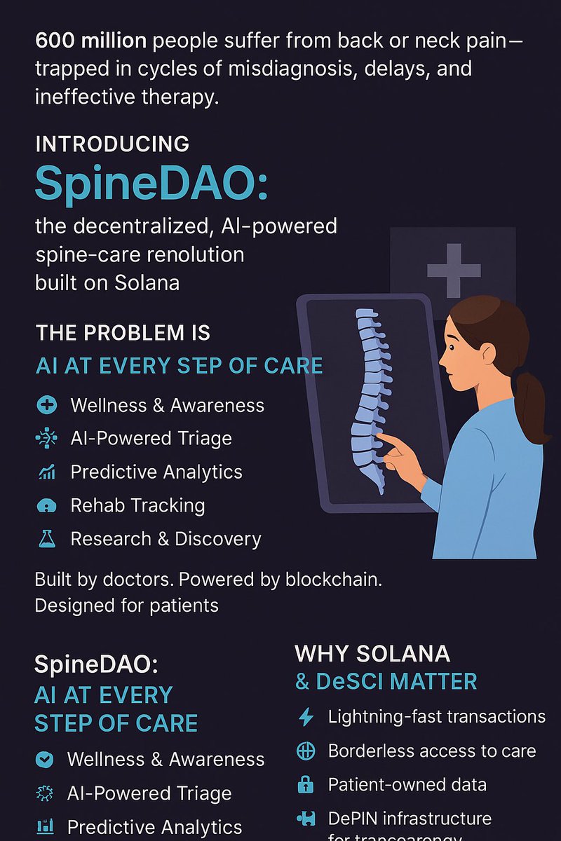 otunbajagoo's tweet image. 💥 The Moment to Act Is Now
Decentralized healthcare. AI-powered. Community-driven.
Patient-first. Privacy-assured. Proven tech.
🔔 Follow @spine_DAO and turn on notifications—your journey to better spine care starts today. 🚀
#SpineDAO #DeSci #Solana #AIforHealth