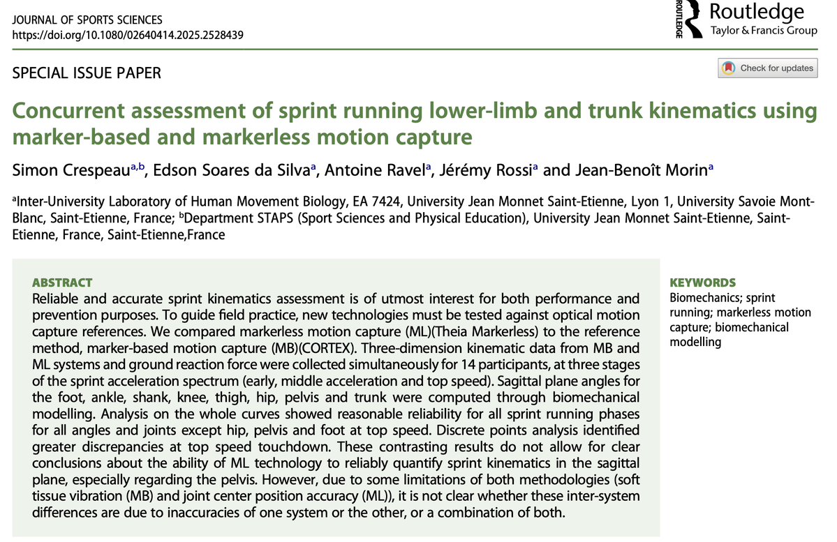 jb_morin's tweet image. 🚨NEW PAPER🚨
Markerless (Theia) vs marker-based 🎥3D mocap for sprinting 🏃♂️: comparison by @SimonCrespeau &al @JSportsSci
Contrasted results, interesting discussion🧐. In short, markerless differs for several variables/conditions
50 free E-copies
tandfonline.com/eprint/ZJP237T…