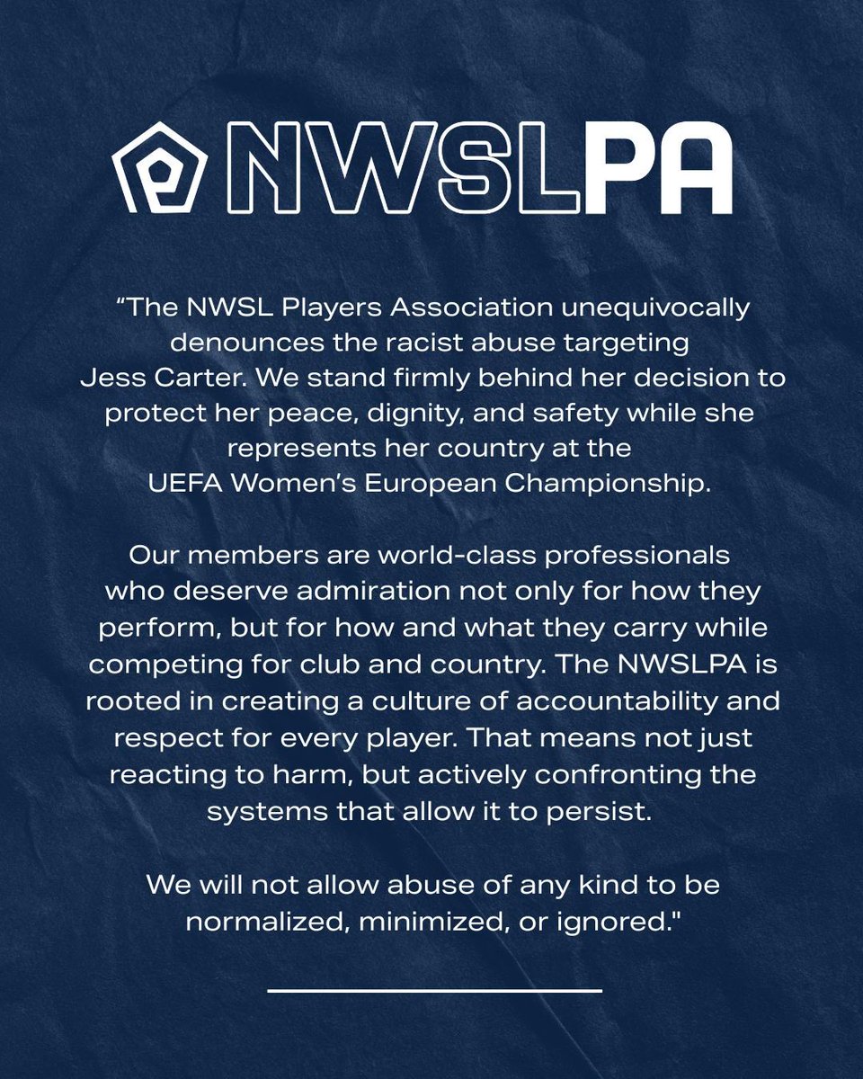 NWSLPA (@nwsl_players) on Twitter photo The NWSLPA stands with <a href="/_JessCarter/">Jess Carter</a>.
There is no place for racist abuse in our sport.
Read our Full Statement: The NWSLPA stands with <a href="/_JessCarter/">Jess Carter</a>.
There is no place for racist abuse in our sport.
Read our Full Statement: