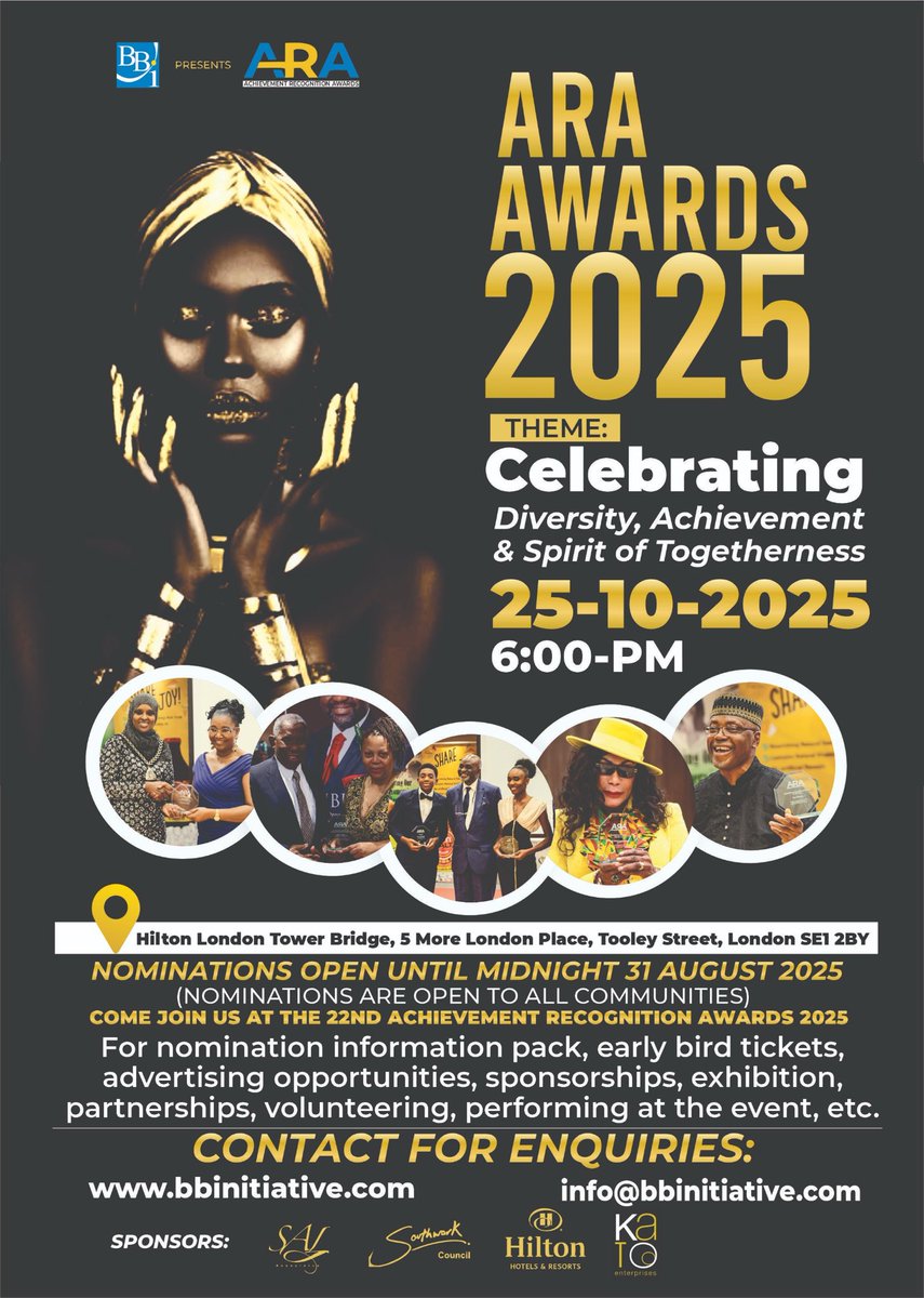 sunnylambe's tweet image. Come join us at the 22nd @BBI_UK #AchievementRocognitionAwards2025 #ARAAWARDS2025 in celebration of our or Diversity, achievement and spirit of togetherness. Award Nominations are ongoing #bbinitiative.com until 31st August 2025. It’s open to everyone!
