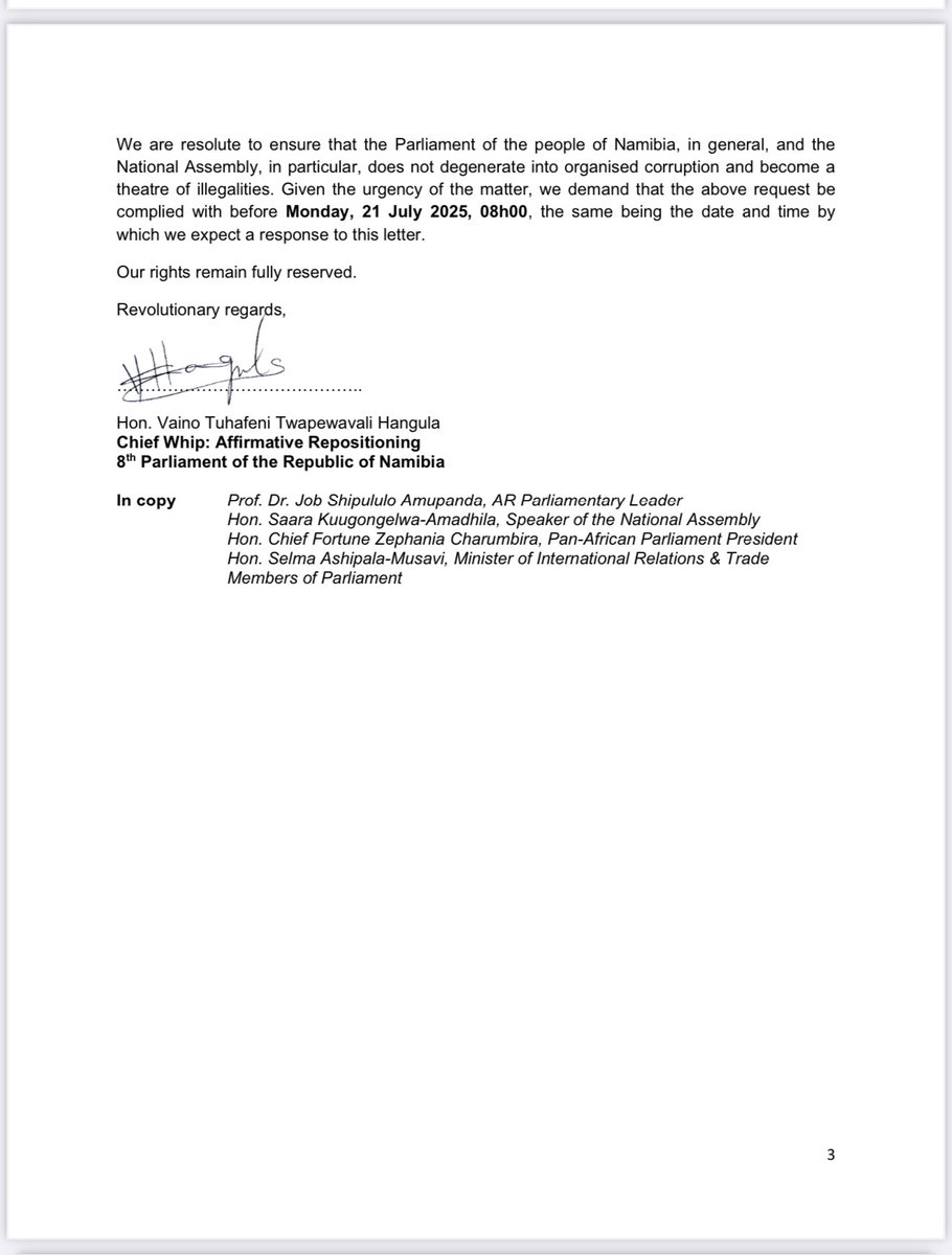 Shipululo's tweet image. People of Namibia 🇳🇦 
The Colleagues at the Pan African Parliament have received a copy of THIS LETTER this le by the Parliamentary Chief Whip of the Affirmative Repositioning, Activist Vaino Hangula the Corrupt and Secretive “designation” of MPs that were NEVER ELECTED by the…