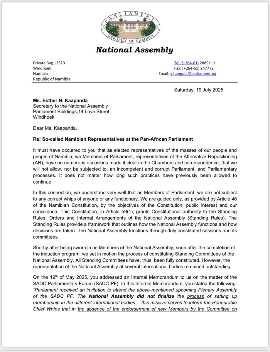 Shipululo's tweet image. People of Namibia 🇳🇦 
The Colleagues at the Pan African Parliament have received a copy of THIS LETTER this le by the Parliamentary Chief Whip of the Affirmative Repositioning, Activist Vaino Hangula the Corrupt and Secretive “designation” of MPs that were NEVER ELECTED by the…