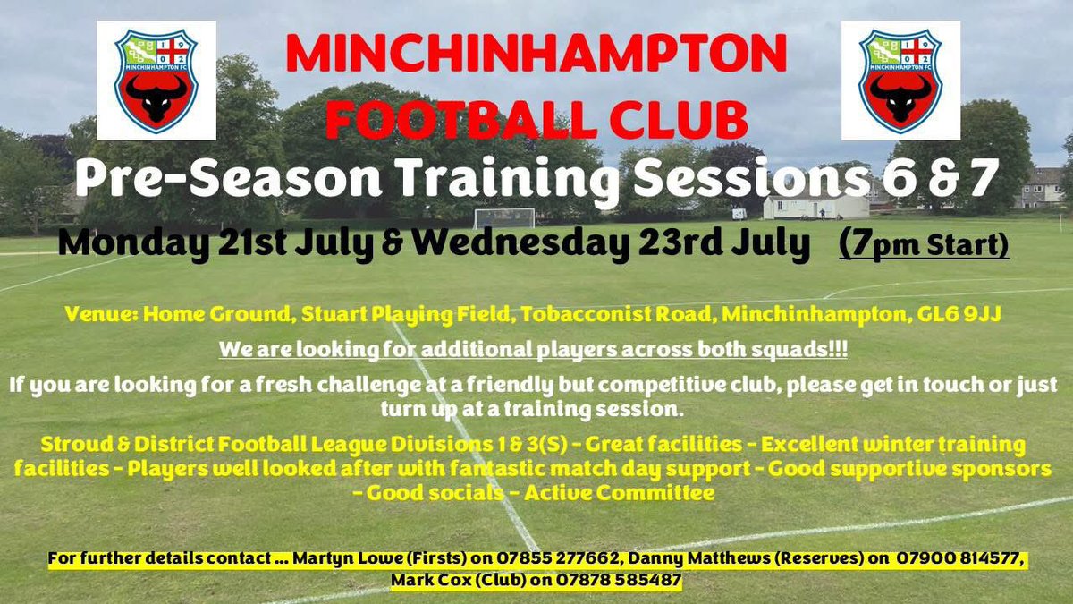 Minchinhampton FC (@fcminch) on Twitter photo Back to double header of pre season training this week starting tomorrow night 21st, 7pm start! As always still welcome new players looking for a new challenge! 
#UTM #preseason6 Back to double header of pre season training this week starting tomorrow night 21st, 7pm start! As always still welcome new players looking for a new challenge! 
#UTM #preseason6