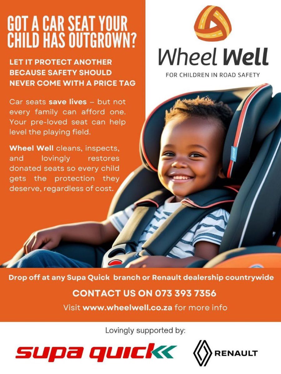 underscoreurb's tweet photo. If your family has outgrown their car seat, remember that another family is beginning their journey. You can truly make an impact by finding a new home for it. Donate it to #WheelWell at any Supa Quick or Renault dealership in South Africa.
#CarSeatsforKids #GiftofSafety https://t.co/9CFU9UxO00