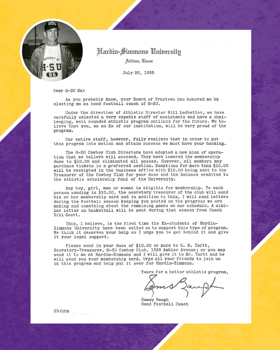HARDINSIMMONSAD's tweet image. Sammy Baugh fundraising letter from July 20, 1955.