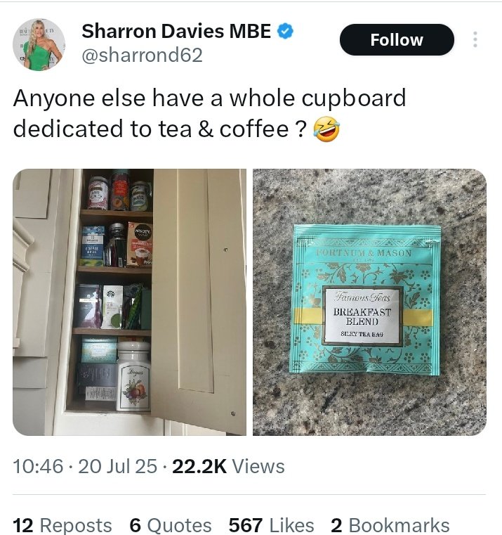 MrTibblesNewEra (@mrtibblesnewera) on Twitter photo I'm quite surprised you don't have a cupboard for each and spend your day shouting at the hot chocolate.
<a href="/sharrond62/">Sharron Davies MBE</a> I'm quite surprised you don't have a cupboard for each and spend your day shouting at the hot chocolate.
<a href="/sharrond62/">Sharron Davies MBE</a>