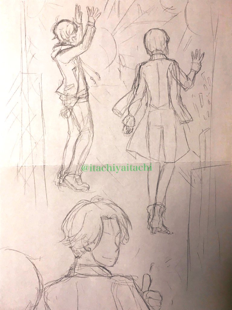 すっごい前にすっごいざっくり描いてたアイドル江らくがき出てきた。

・アンコールでステージに一振りずつ出ていくのを舞台袖から篭手切目線で見てる設定で描いたやつ

・でかい会場のコンサートでよくみかけるクレーンみたいなゴンドラみたいなやつで2階席にファンサする篭手切と豊前

妄想はかどる 