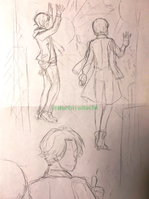 すっごい前にすっごいざっくり描いてたアイドル江らくがき出てきた。

・アンコールでステージに一振りずつ出ていくのを舞台袖から篭手切目線で見てる設定で描いたやつ

・でかい会場のコンサートでよくみかけるクレーンみたいなゴンドラみたいなやつで2階席にファンサする篭手切と豊前

妄想はかどる 