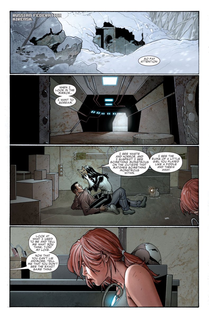 tincanmans's tweet image. I heavily dislike Fraction‘s Iron Man run (and not just because of Larroca‘s atrocious art), but this confrontation between Tony and Whitney lives in my mind rent free.
