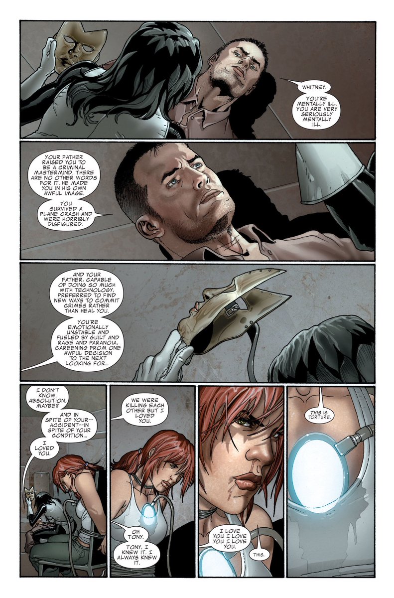 tincanmans's tweet image. I heavily dislike Fraction‘s Iron Man run (and not just because of Larroca‘s atrocious art), but this confrontation between Tony and Whitney lives in my mind rent free.