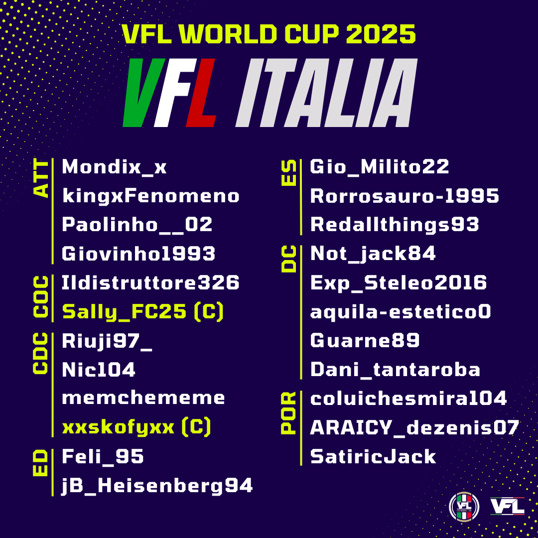 Siamo lieti di presentare la rosa ufficiale che rappresenterà la Nazionale VFL ITALIA nel Mondiale 2025 targato <a href="/TheVFL_/">VFL</a> 

I giocatori selezionati scenderanno in campo con l’impegno e la determinazione necessari per onorare i colori azzurri e competere ai massimi livelli.