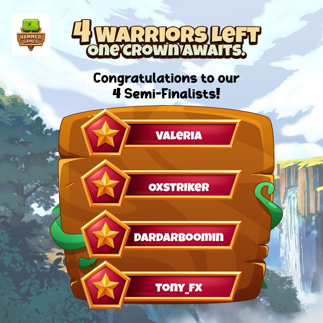 Hammer Games (@hammergameworld) on Twitter photo Only 4 players are left, and one of them will be crowned today…
Big congrats to our semi-finalists: Valeria, Oxstriker, Dardarboomin, Tony_fx.
A ₦500,000 prize pool is up for grabs; to be shared by the top players. You can catch the final battles LIVE  here at 5PM WAT. Only 4 players are left, and one of them will be crowned today…
Big congrats to our semi-finalists: Valeria, Oxstriker, Dardarboomin, Tony_fx.
A ₦500,000 prize pool is up for grabs; to be shared by the top players. You can catch the final battles LIVE  here at 5PM WAT.