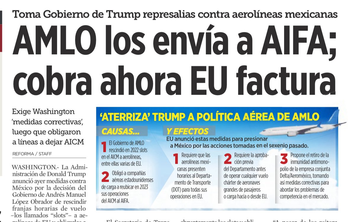 JoseMarioMX's tweet image. 🇲🇽✈️ En 2022 y 2023, el gobierno de AMLO eliminó slots históricos en el AICM y obligó unilateralmente a aerolíneas, incluidas las estadounidenses, a mover operaciones al AIFA. Lo hizo sin consulta, sin estudios técnicos y sin un proceso bilateral. Esa decisión violó de forma…