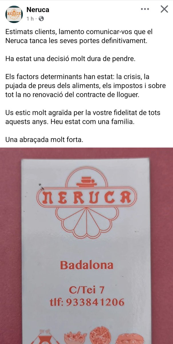 Cierra el #Neruca de #Badalona. Un restaurante de comida rica y de precios ajustados con un trato cercano y familiar. Cierra uno de los sitios emblemáticos de Badalona por no poder pagar el alquiler...
Tenemos un problema de especulación inmobiliaria muy grande.
😭😡