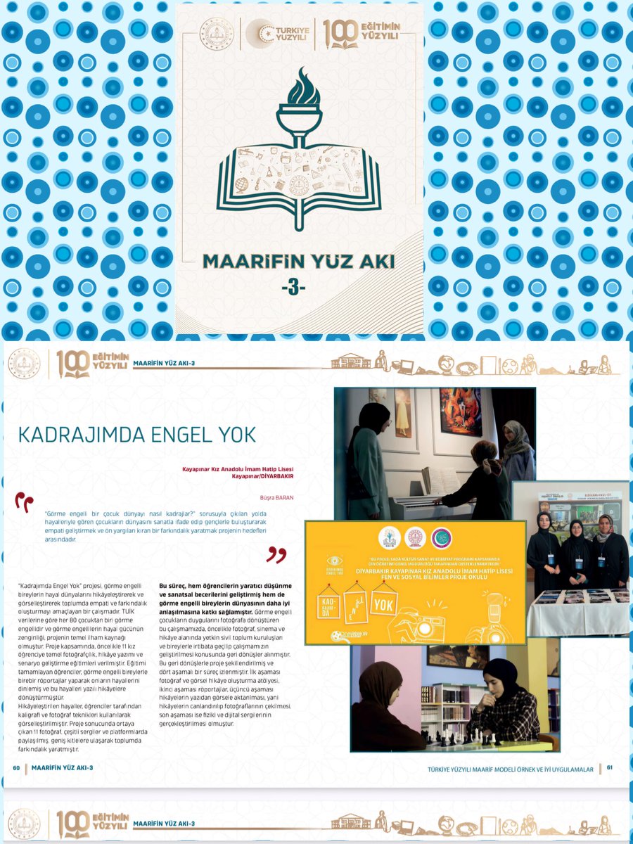 Milli Eğitim Bakanlığı,Maarifin Yüz Akı" dergisinin 3. sayısı,
"Türkiye Yüzyılı Maarif Modeli Örnek ve İyi Uygulamalar" temasıyla yayınlanan dergide okulumuzun da yer alması bizleri gururlandırdı.

meb.ai/iwvWA2 

<a href="/tcmeb/">Millî Eğitim Bakanlığı</a>  
<a href="/Diyarbakirmem/">Diyarbakır İl Millî Eğitim Müdürlüğü</a> <a href="/drahmetisleyen/">Ahmet İşleyen</a> <a href="/Kayahansubasi/">Kayahan Subaşı</a>