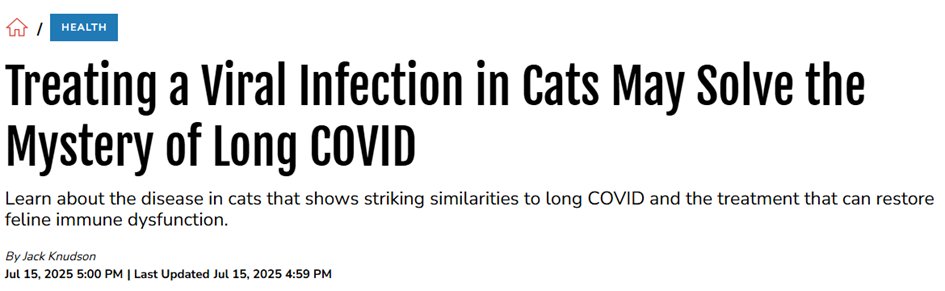 Coronavirus Infection in Felines/Cats: PIF
It has several similarities to LongCOVID
Antiviral GS-441524 or others is used
x.com/Aguirre1Gustav…
A protocol with
Antivirals + ImmuneTherapy is suggested
Mesenchymal Stromal Cells(MSC)
were used in this study
discovermagazine.com/health/treatin…
