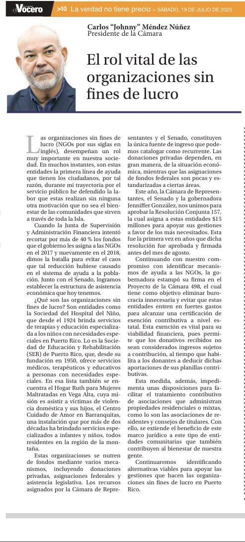 RepVictorPares's tweet image. Excelente columna de opinión de nuestro Presidente
@JohnnyMndez36
sobre el rol de las organizaciones sin fines de lucro en PR. Seguiremos apoyando a estas entidades que tanto hacen por nuestra gente.