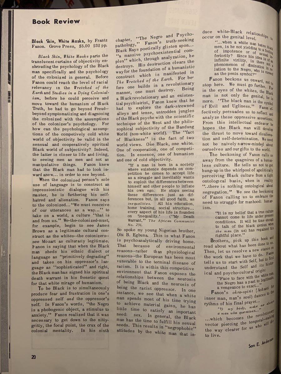 Happy 100 year birthday to one of the greatest thinkers of the 20th century, Frantz Fanon. I always love reading how folks interpreted Fanon in real time—as opposed to the appropriated nonsense we get today at times 🥴.