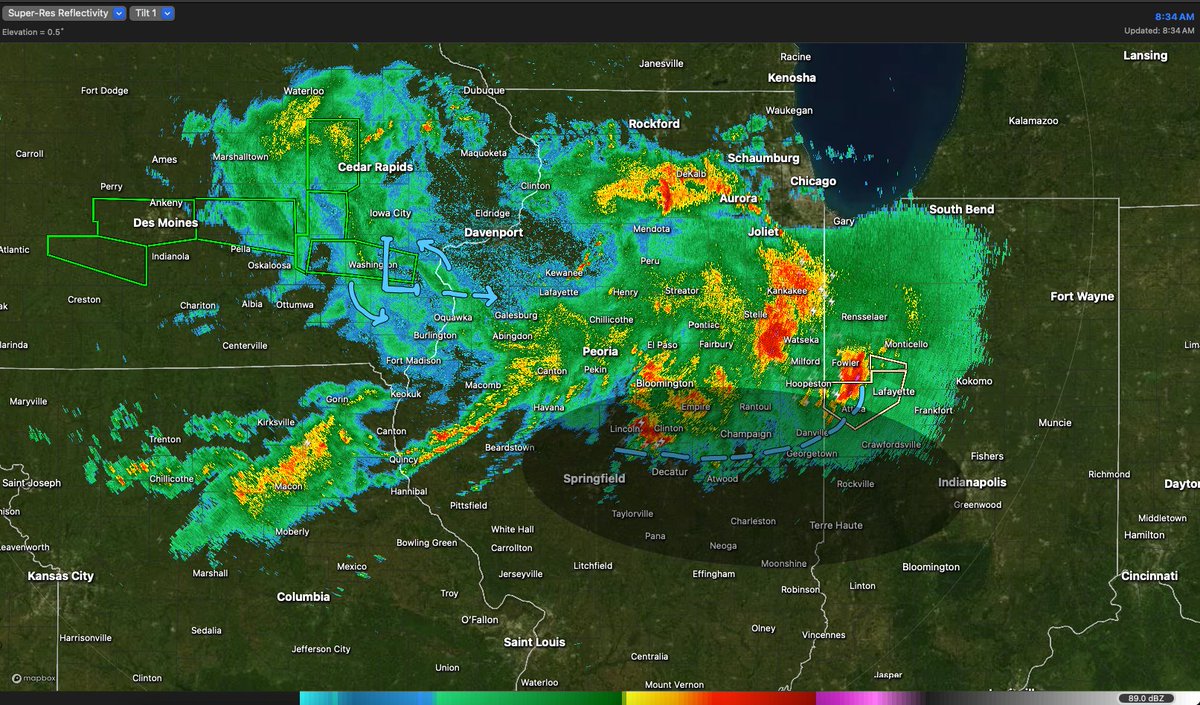 skydrama's tweet image. Drawing on the radar this morning, curious little set of ingredients across central Illinois today. Outflow boundary being deposited by morning storms with an upstream MCV to generate a second round.
Might watch for a few PM rotating storms near I-72, I-70 in c/e IL into w IN.