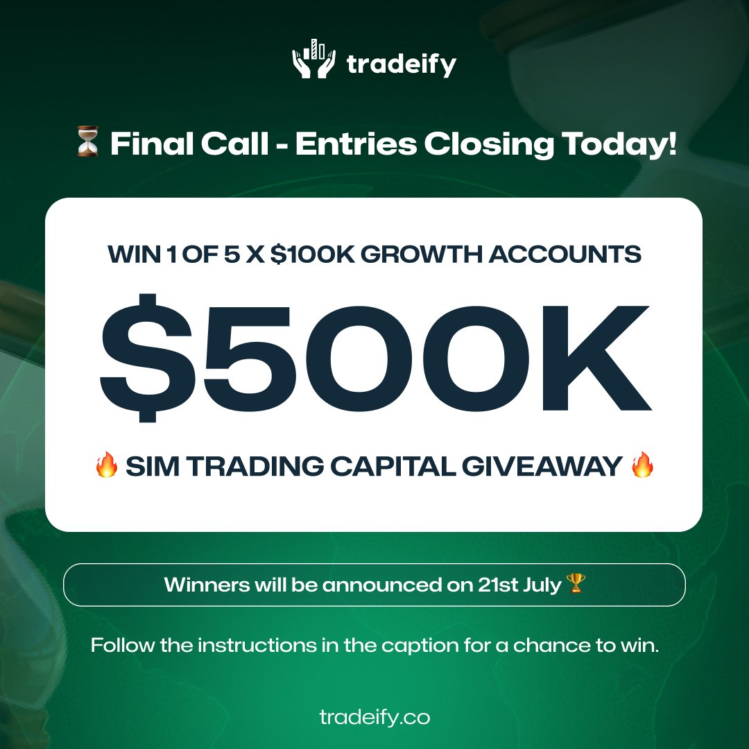 That's it! The final countdown has begun. ⏳

Entries for our $500K Giveaway close at 11:59 PM EST today. 

This is your last chance to secure your entry for a FREE $100K Growth Account. 💰

sweepwidget.com/c/91879-3z0wfv…