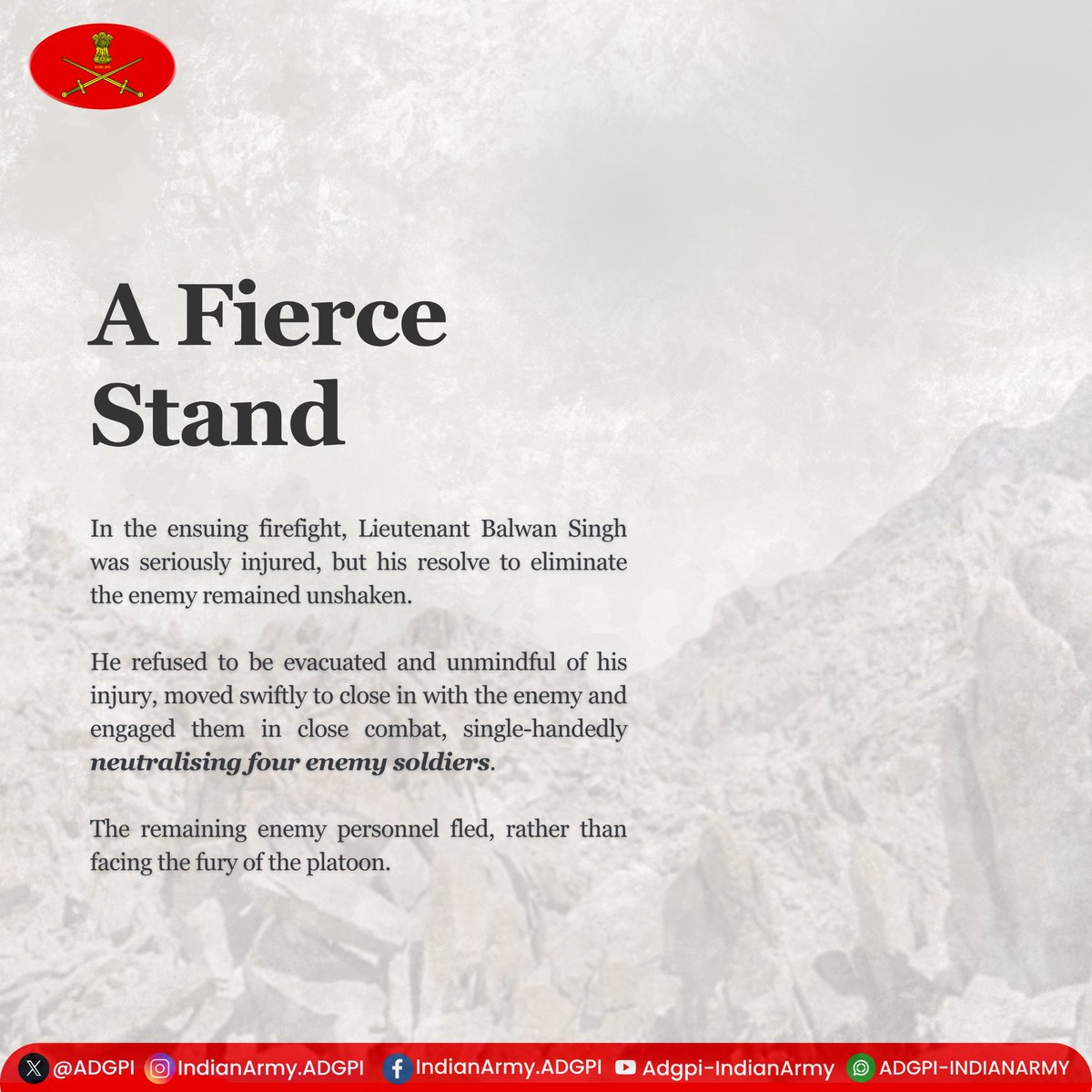 adgpi's tweet image. #26YearsofKargilVijay
Lieutenant Balwan Singh
Grenadiers
During #KargilWar, Lt Balwan led the Ghatak Platoon as part of a multi-pronged attack on #TigerHill. With total surprise and stealth, he reached the objective at an altitude of 16500 ft along a precarious route involving…