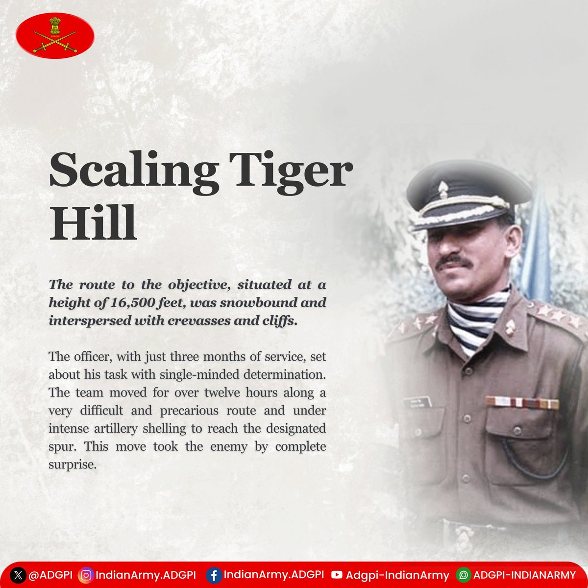 adgpi's tweet image. #26YearsofKargilVijay
Lieutenant Balwan Singh
Grenadiers
During #KargilWar, Lt Balwan led the Ghatak Platoon as part of a multi-pronged attack on #TigerHill. With total surprise and stealth, he reached the objective at an altitude of 16500 ft along a precarious route involving…