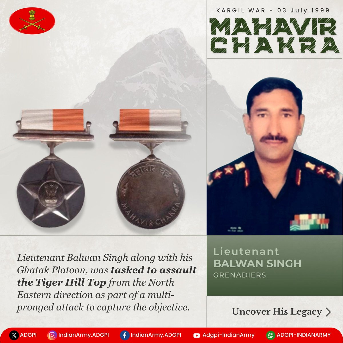 adgpi's tweet image. #26YearsofKargilVijay
Lieutenant Balwan Singh
Grenadiers
During #KargilWar, Lt Balwan led the Ghatak Platoon as part of a multi-pronged attack on #TigerHill. With total surprise and stealth, he reached the objective at an altitude of 16500 ft along a precarious route involving…