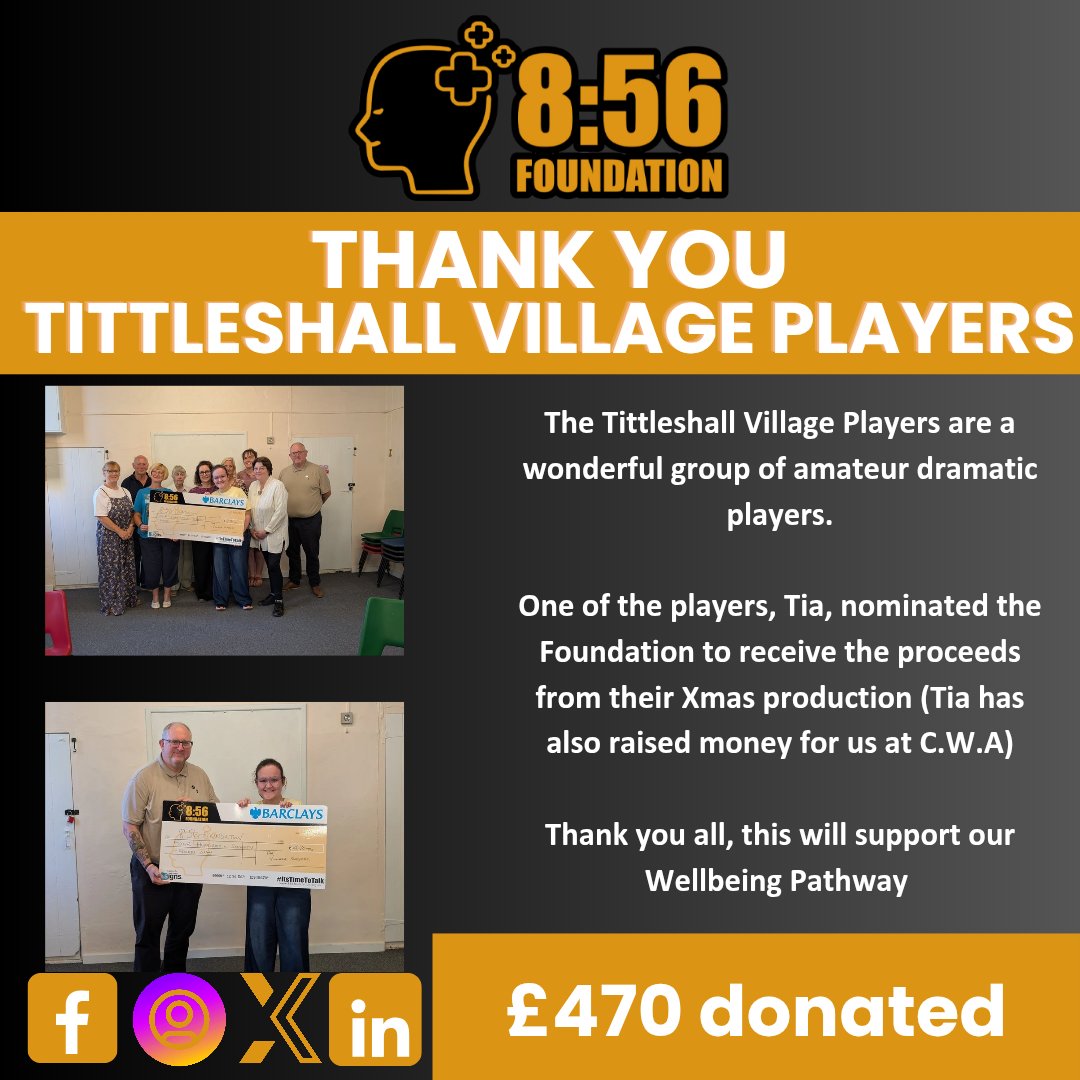 856Foundation's tweet image. #thankyou
Last month we met the Tittleshall Village.
Tia, one of the players, kindly nominated the Foundation to benefit from their Xmas play & as a group they agreed to donate the £470 from the performance.
Thank you to you all, but especially Tia
#ItsTimeToTalk
#support