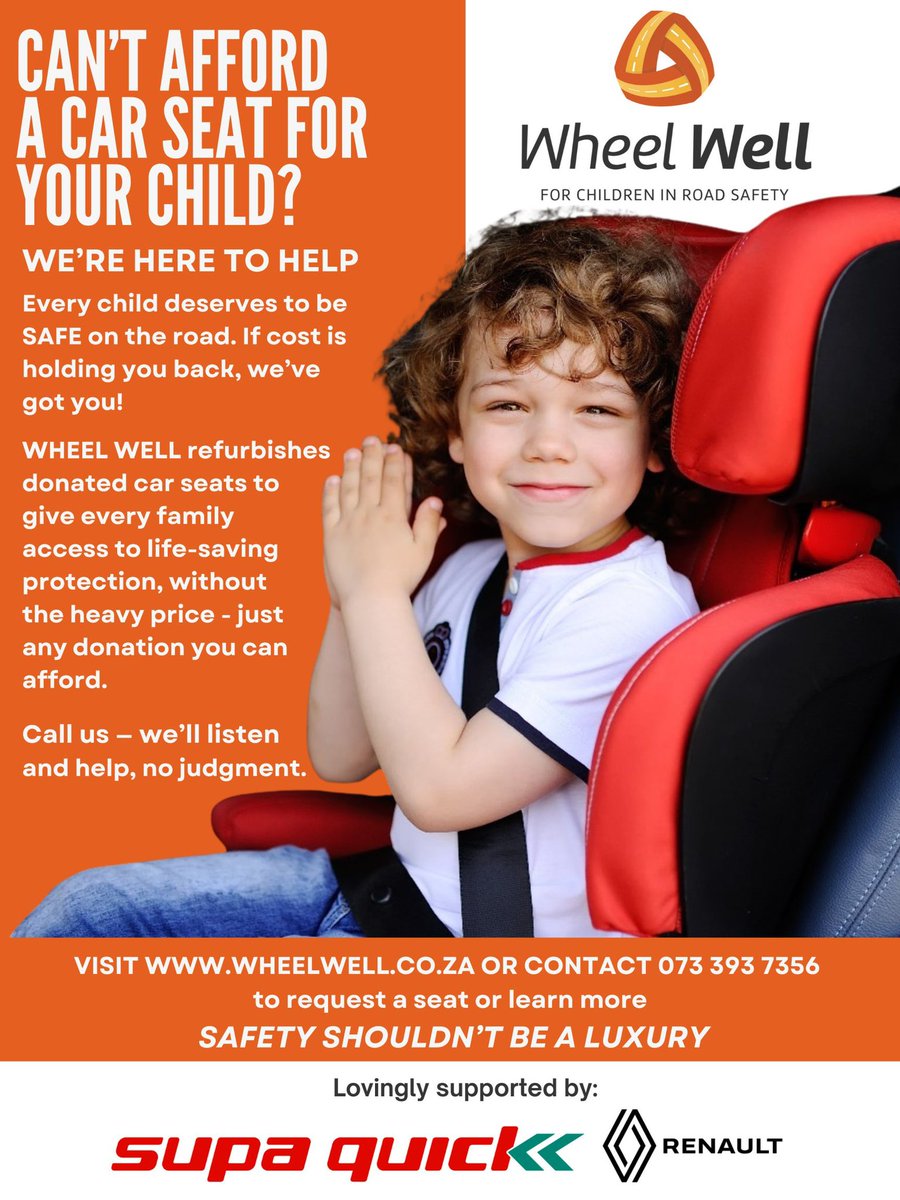 Kananelo 🇿🇦 🇱🇸 🇸🇿 (@kaysexwale) on Twitter photo Did you know that by law all small kids in SA must be driven in a car seat as it's safer?
If you can't afford one, <a href="/WheelWellZA/">Wheel Well</a> can lovingly assist your family with a pre-loved one. Reach out, details in the image 🧡
#WheelWell #CarSeatsforKids #GiftofSafety #DriveLovingly Did you know that by law all small kids in SA must be driven in a car seat as it's safer?
If you can't afford one, <a href="/WheelWellZA/">Wheel Well</a> can lovingly assist your family with a pre-loved one. Reach out, details in the image 🧡
#WheelWell #CarSeatsforKids #GiftofSafety #DriveLovingly