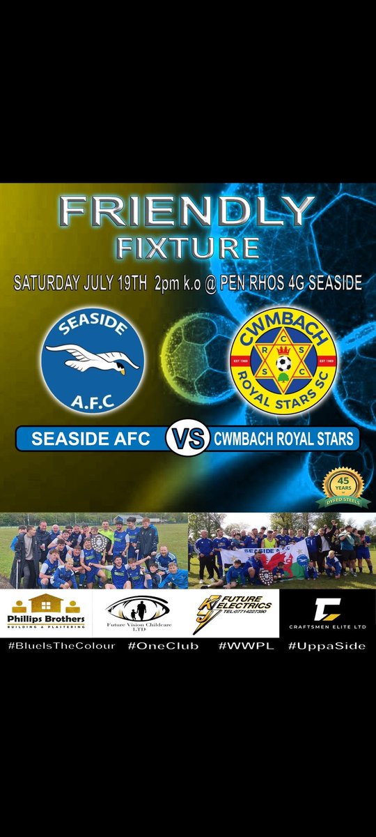 Seaside AFC (@seasideafc) on Twitter photo ⚽️ A massive thank you to <a href="/CwmbachRS/">Cwmbach Royal Stars SC</a> for yesterday's pre season run out.
Cracking game.
Great bunch of lads who stayed for a few beers after the game.
Hopefully, we will see you again next season.
Good luck in your league campaign this year. 👍 ⚽️ A massive thank you to <a href="/CwmbachRS/">Cwmbach Royal Stars SC</a> for yesterday's pre season run out.
Cracking game.
Great bunch of lads who stayed for a few beers after the game.
Hopefully, we will see you again next season.
Good luck in your league campaign this year. 👍