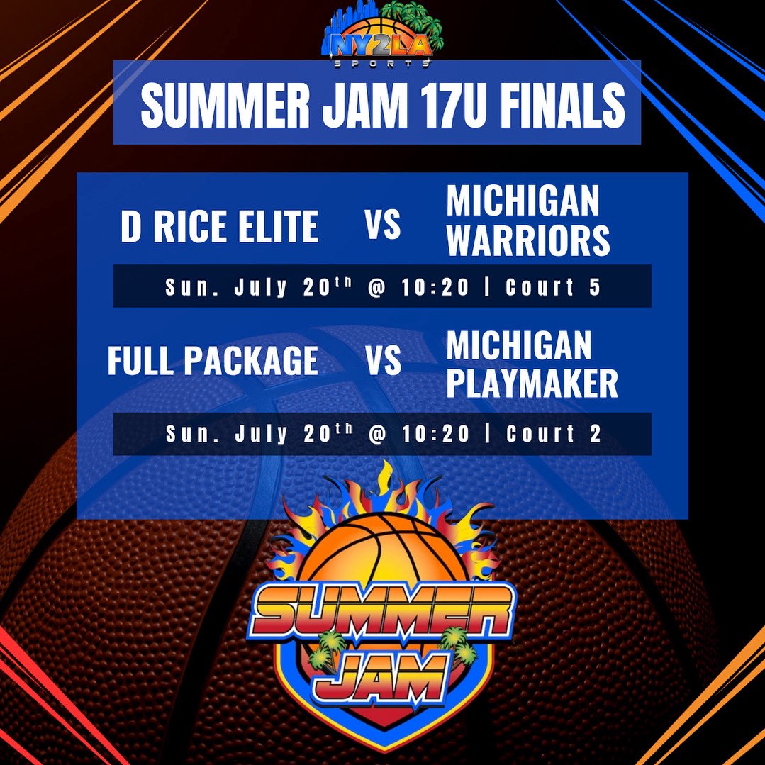 Four elite squads. One last chance to punch a ticket to the chip. 🏆 

📍 17U Summer Jam Semifinals
⏰ 10:20 AM
🏀 Court 2: Full Package vs Michigan Playmakers
🏀 Court 5: D Rice Elite vs Michigan Warriors

#NY2LA🏀 #WriteYourStory✍️