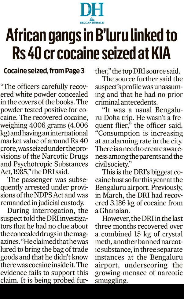 prajwaldza's tweet image. Busting a smuggling attempt at the Kempegowda International Airport, the Directorate of Revenue Intelligence (DRI) seized cocaine worth Rs 40 crore and unearthed links to African gangs in #Bengaluru city.
Read more at: deccanherald.com/india/karnatak…