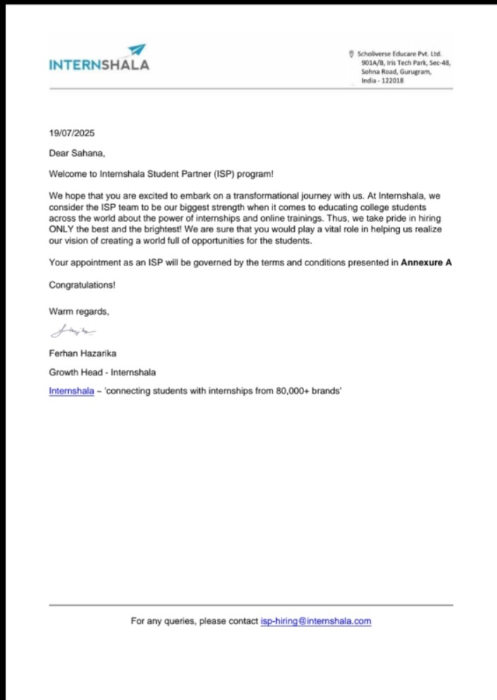 sparktechbytes's tweet image. Excited to share that I’ve been selected as an Internshala Student Partner (ISP 51)! 🎉
Looking forward to promoting learning opportunities, building my communication skills, and helping peers find the right career path.
Let’s make this journey impactful!
#Internshala #ISP51