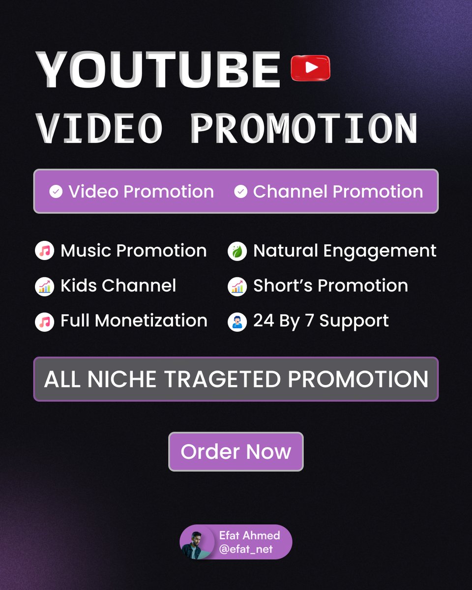 efat_com's tweet photo. YouTube Video &amp; Channel Promotion 🚀

Want to grow your YouTube presence organically?
We offer professional video and channel promotion tailored to your niche...See more https://t.co/2d51EG23GT https://t.co/t62U8OZluR